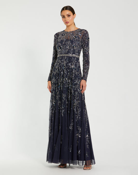 Long Sleeve Floral Embellished A-line Gown