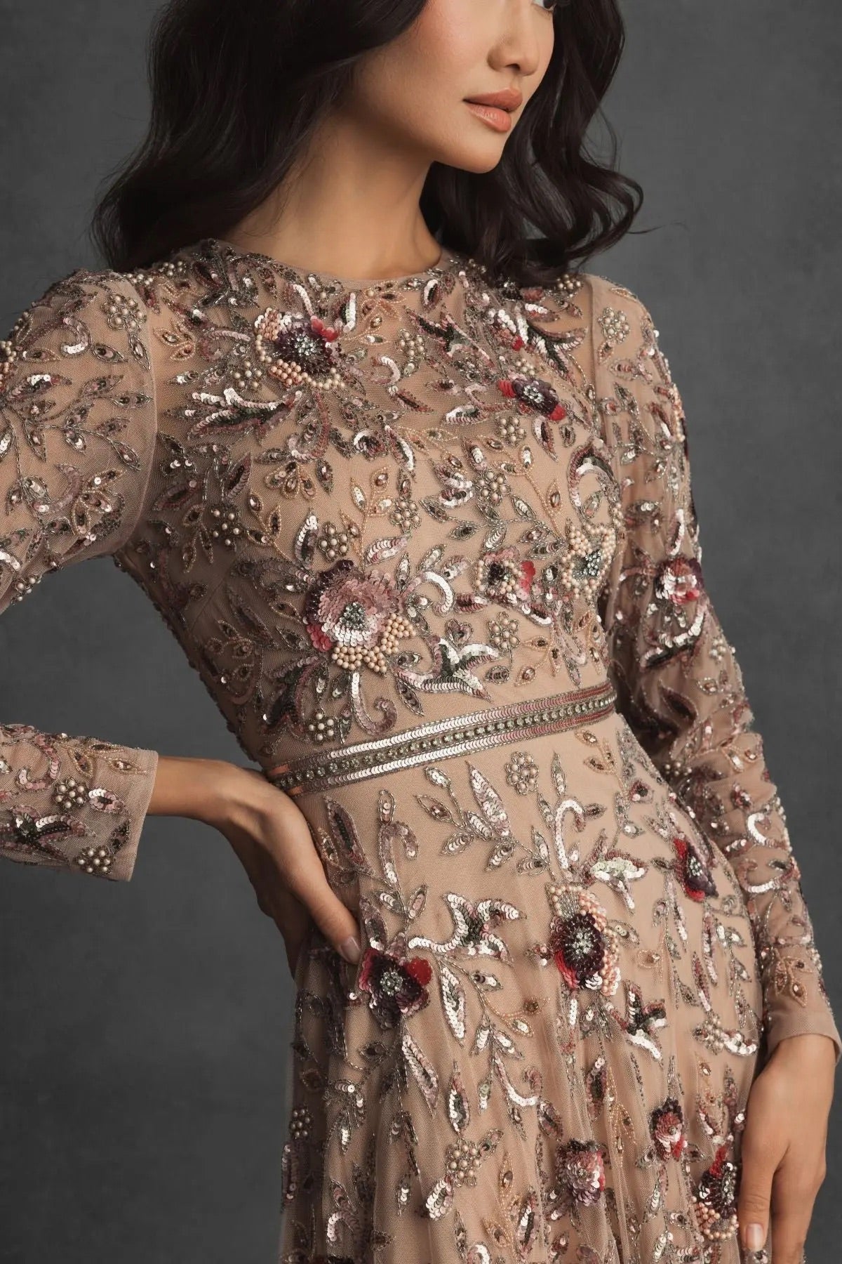 Long Sleeve Floral Embellished A-line Gown