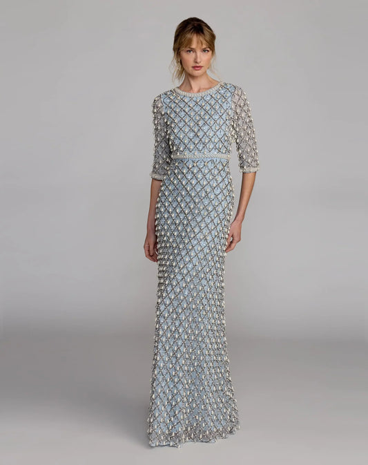 Luxurious Pearl Embellished 3/4 Sleeve Gown