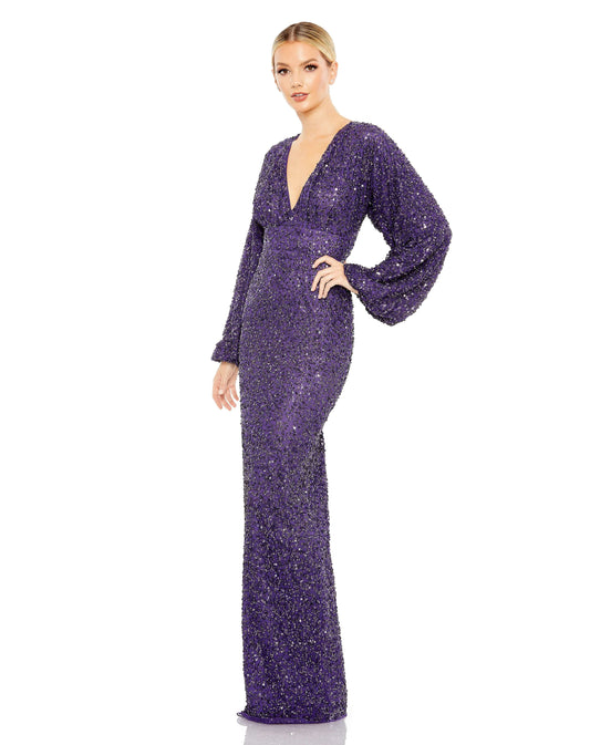 Mac Duggal Style#, Sequined Bishop Sleeve Gown, beaded,Floor Length,long sleeve,Sequin,Sheath,V-Neck, $720.00