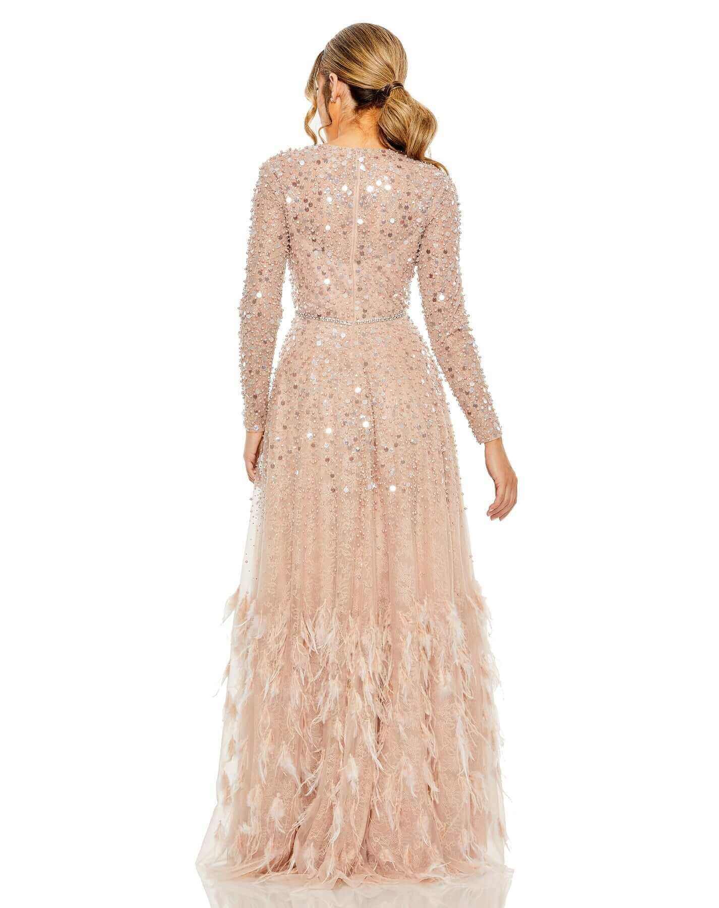 Mac Duggal Style#11782, Disc Embellished Sequin Gown With Feather Detail, A line,beaded,Bridal,Floor Length,long sleeve,Newest Arrivals,Sequin, $1995.00