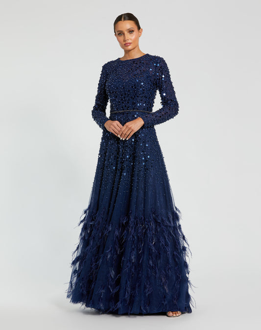 Disc Embellished Sequin Gown With Feather Detail