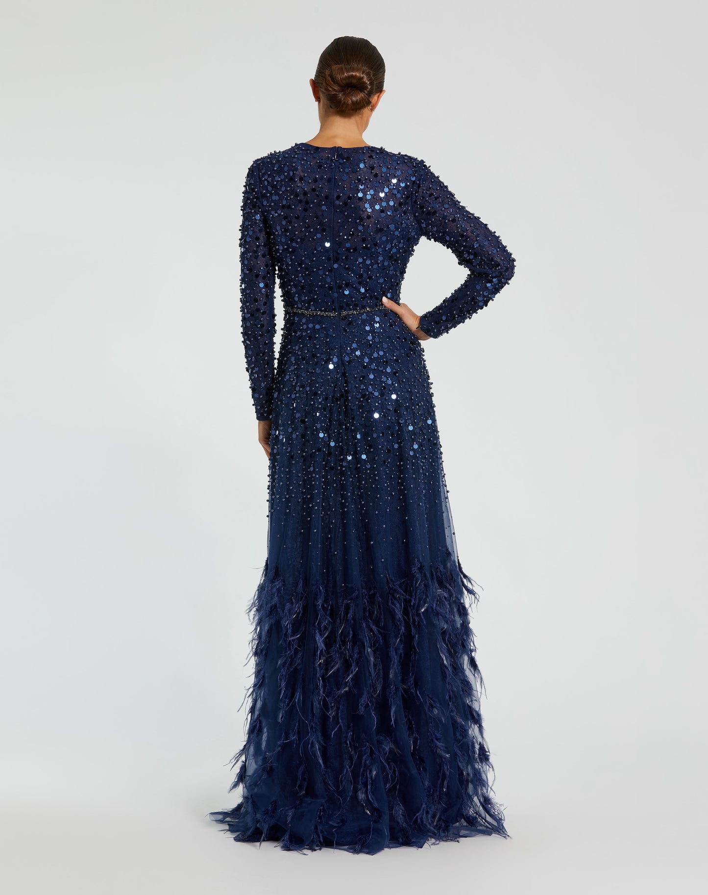 Disc Embellished Sequin Gown With Feather Detail