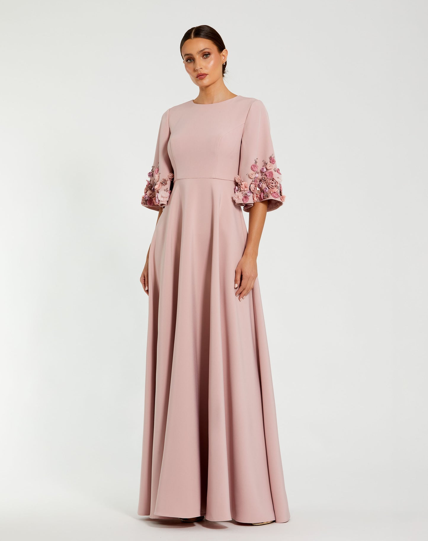 Stretch Satin 3/4 Sleeve Gown With Flower Trim