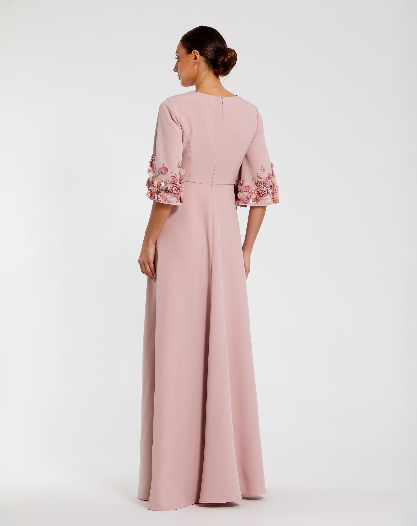 Stretch Satin 3/4 Sleeve Gown With Flower Trim