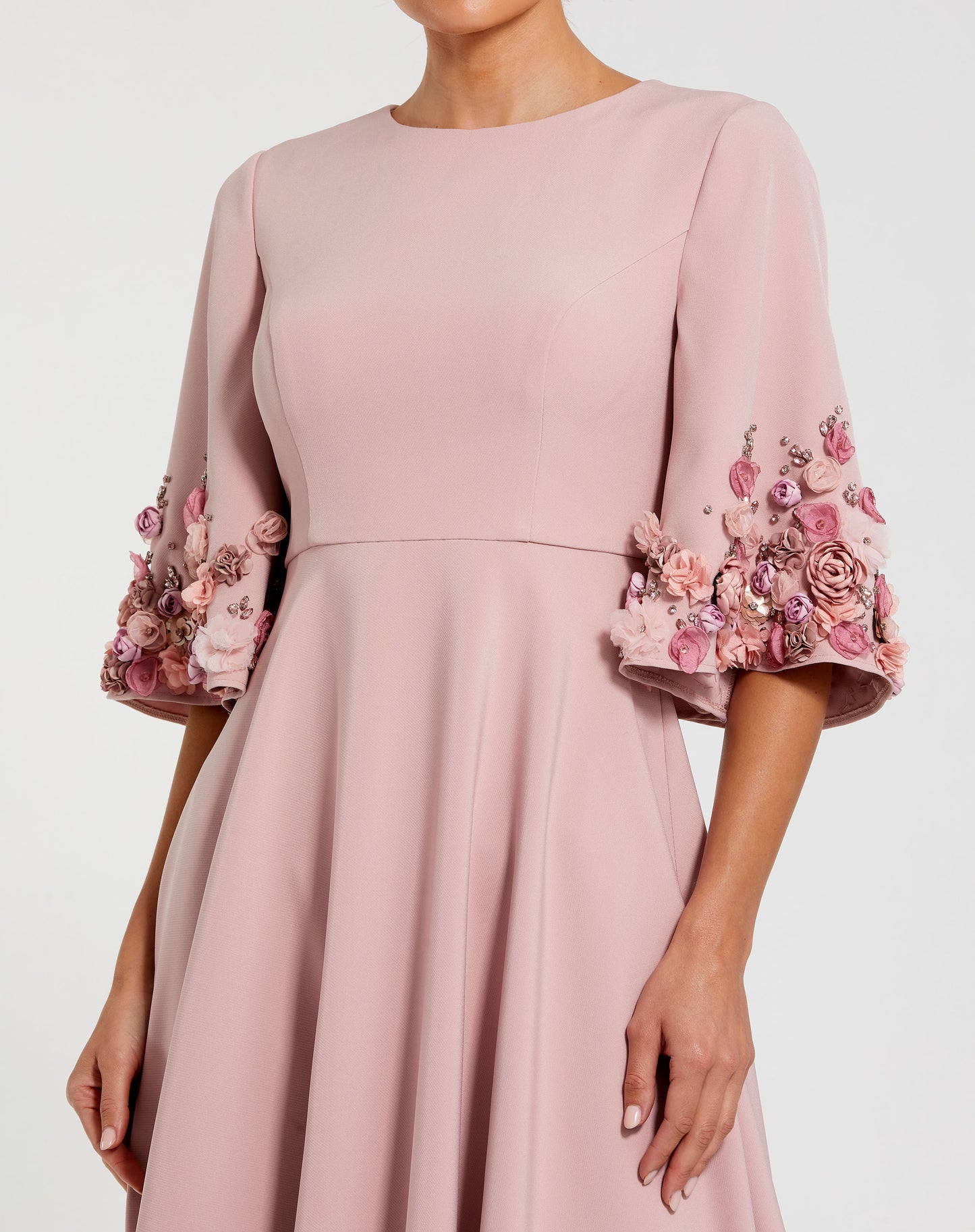Stretch Satin 3/4 Sleeve Gown With Flower Trim