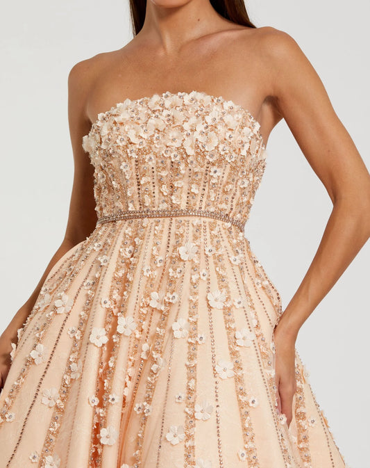 Embellished Lace Strapless Midi A Line Dress