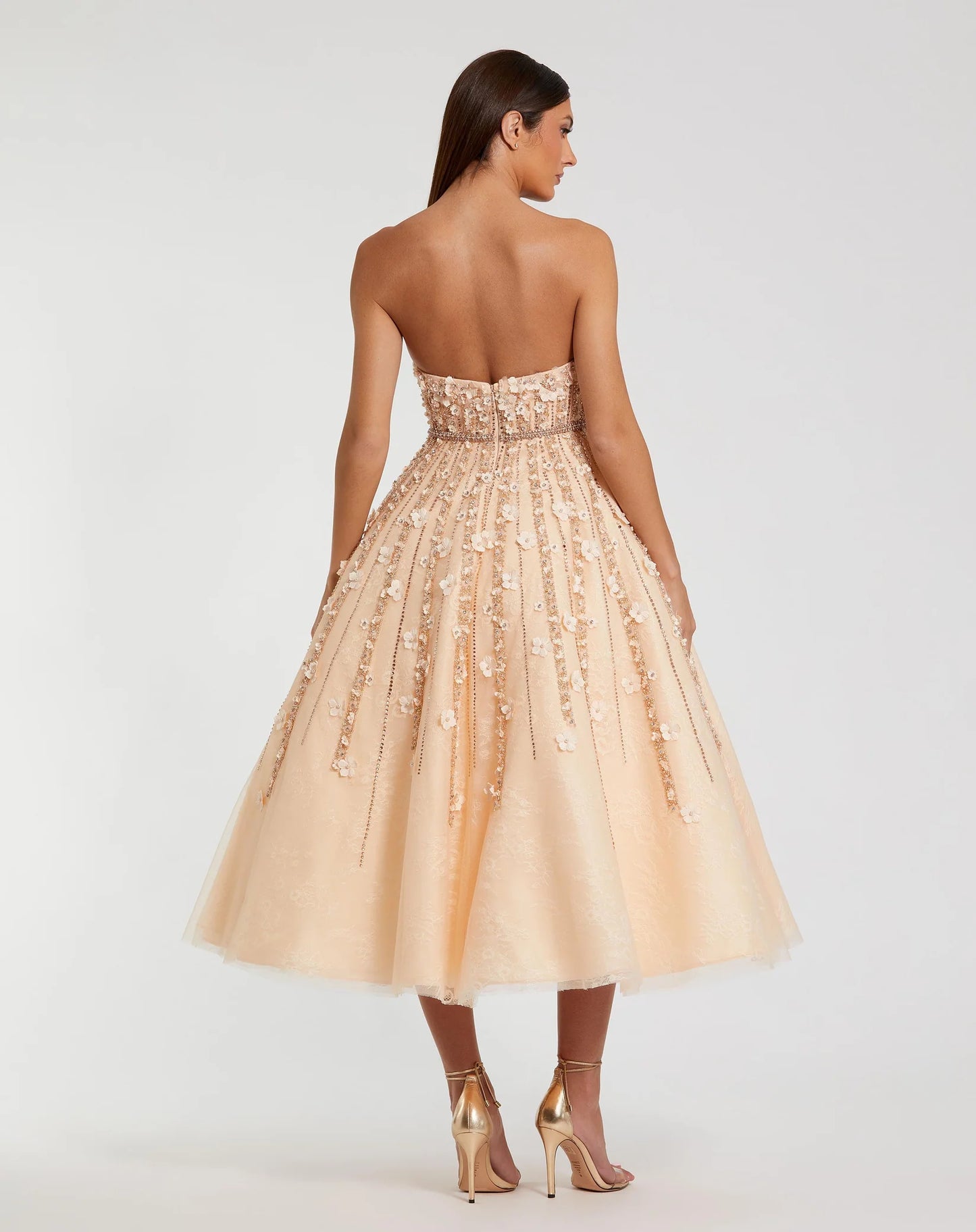 Embellished Lace Strapless Midi A Line Dress