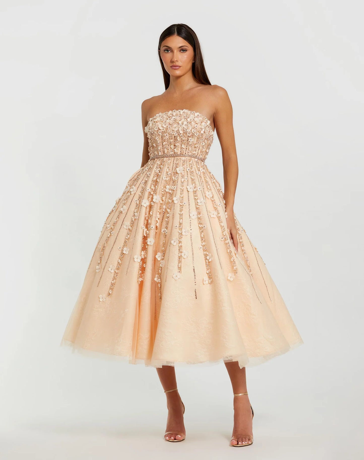 Embellished Lace Strapless Midi A Line Dress