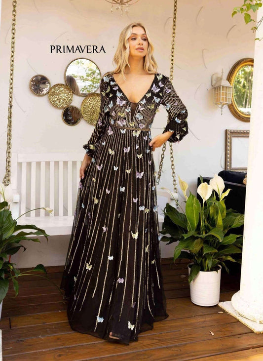Primavera Style#12024, Butterfly A-Line Beaded Long Sleeve Gown, A line,beaded,Floor Length,long sleeve,Sequin,Tulle, $850.00