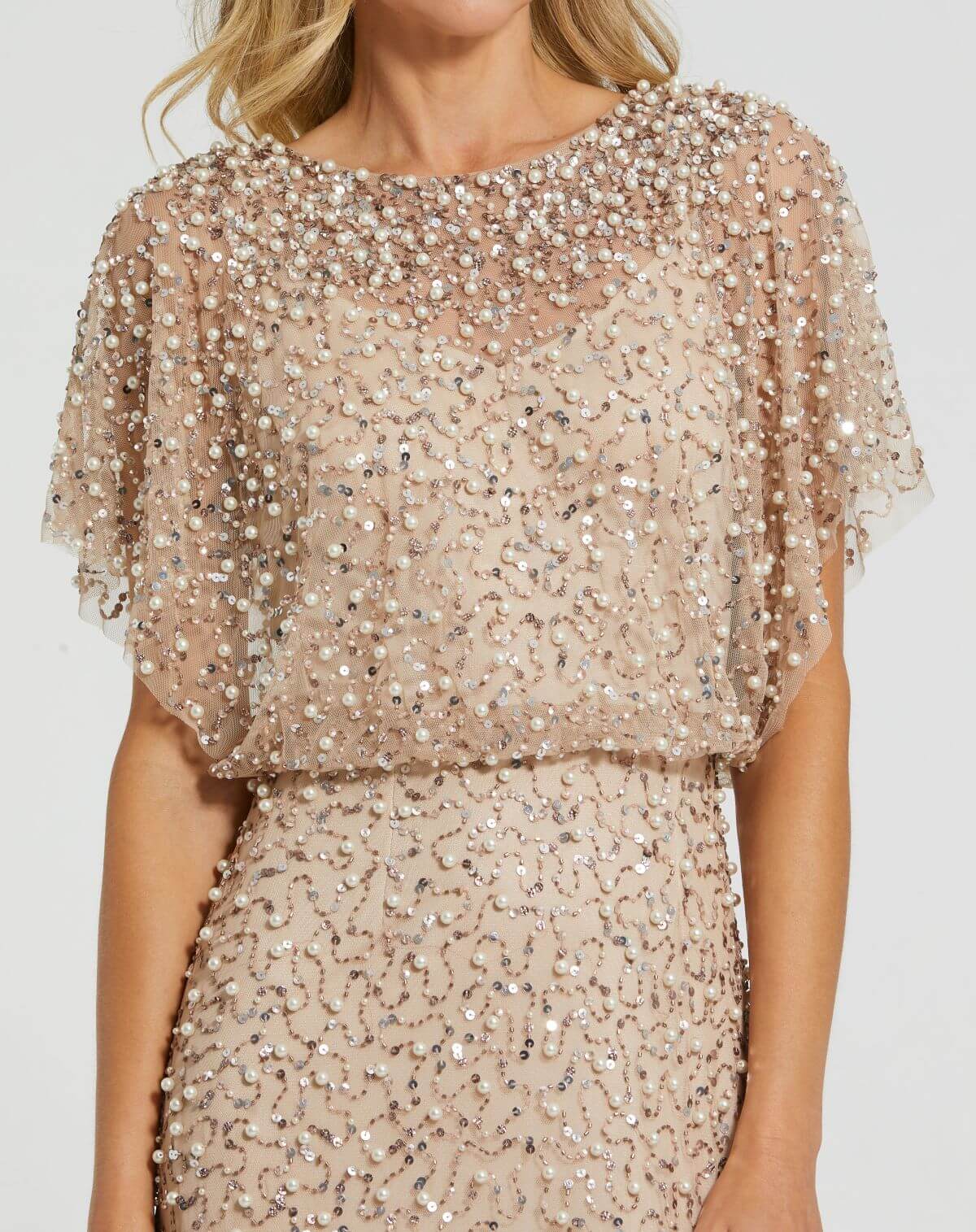 Mac Duggal Style#14523, Beaded Mesh Gown With Shawl, beaded,Fit and Flare,Floor Length,Newest Arrivals,Sequin,Short Sleeve, $850.00