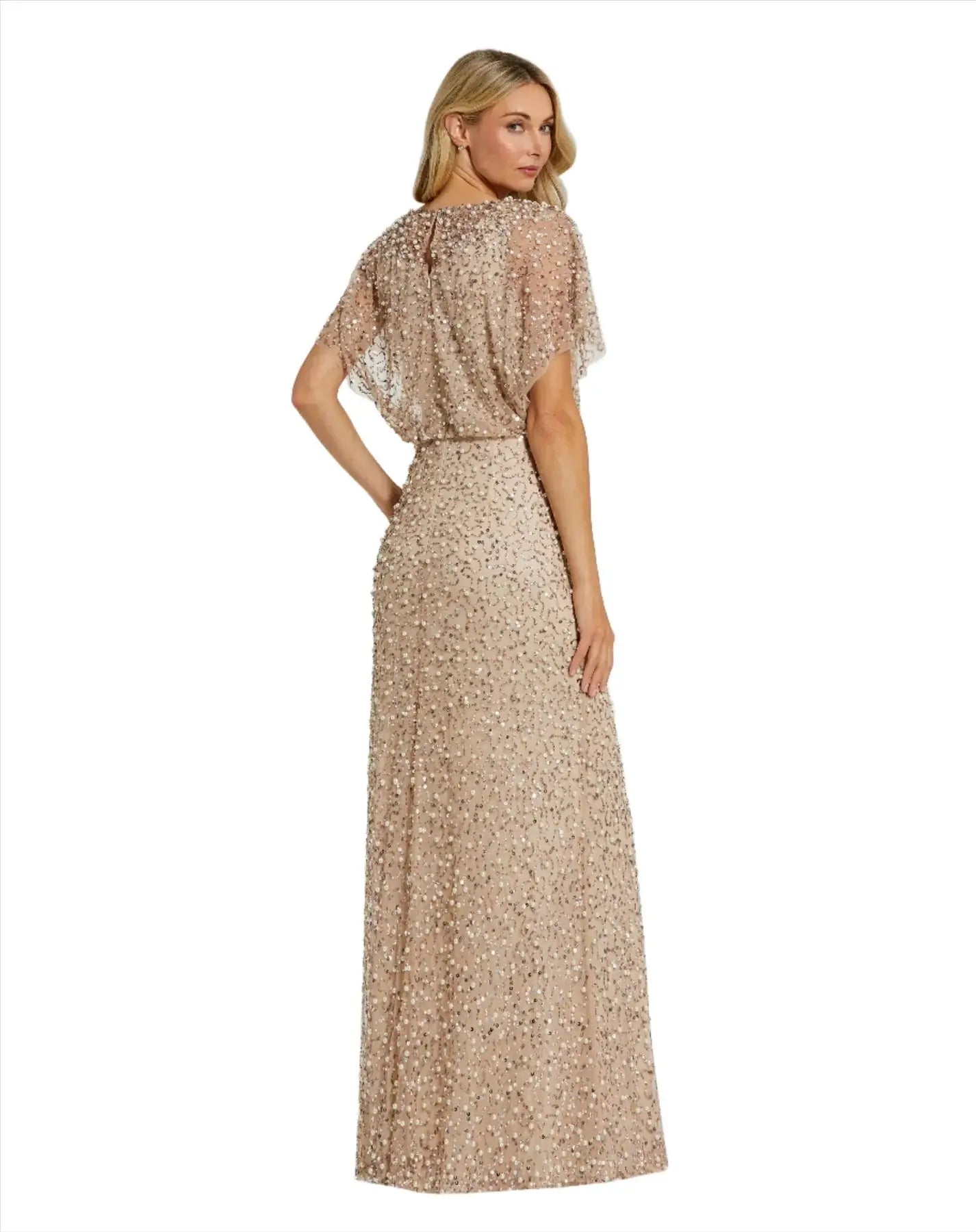 Mac Duggal Style#14523, Beaded Mesh Gown With Shawl, beaded,Fit and Flare,Floor Length,Newest Arrivals,Sequin,Short Sleeve, $850.00