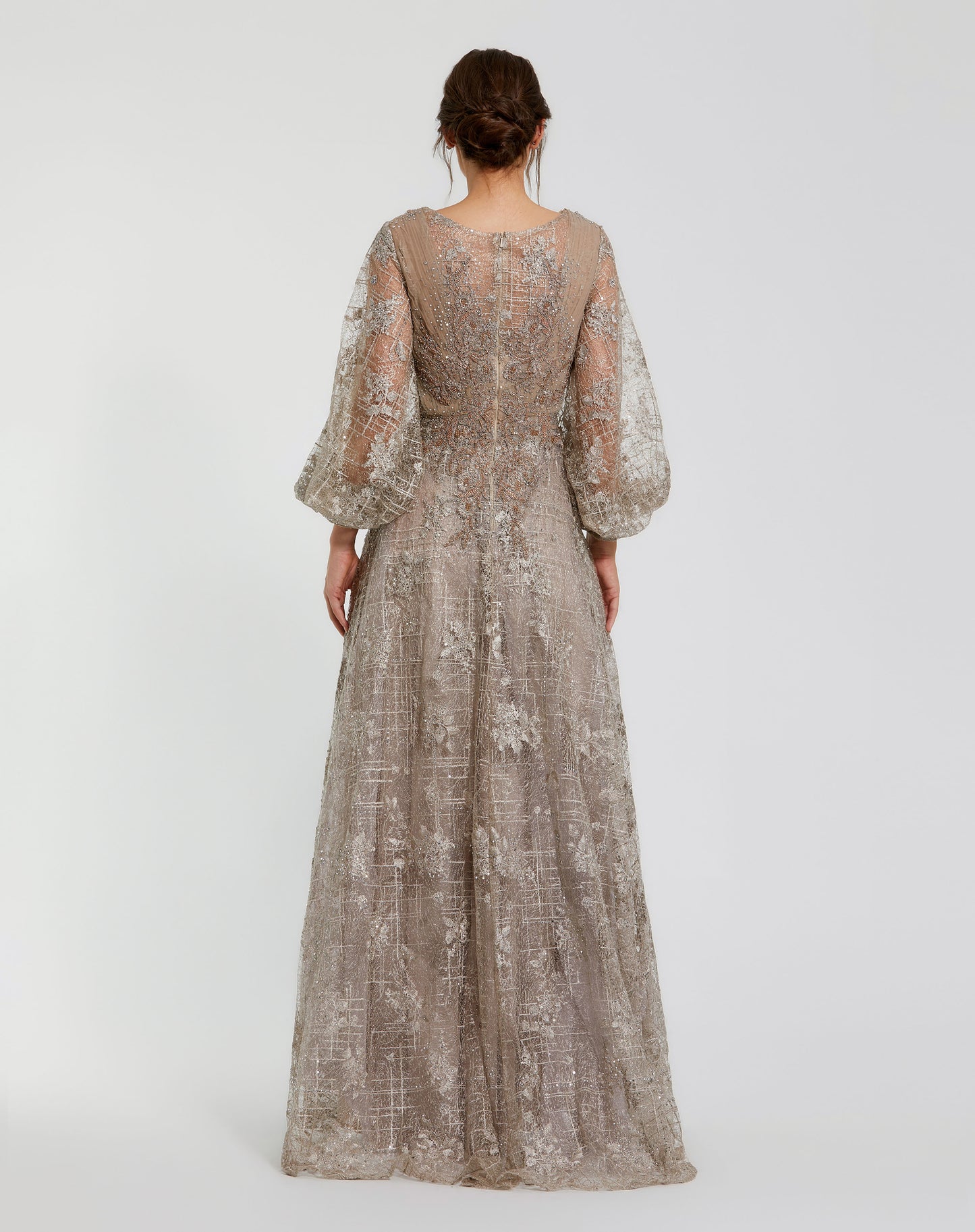 Embellished Plunge Neck Puff Sleeve A-Line Gown