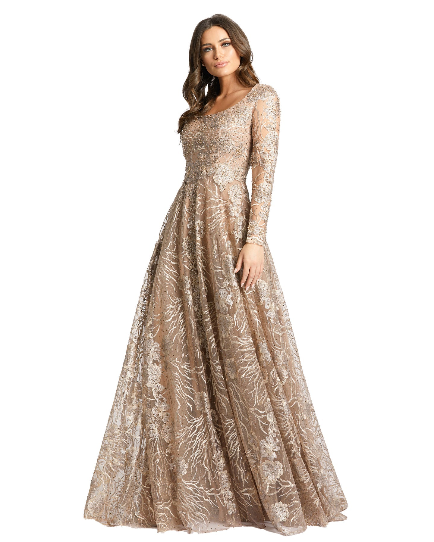 Mac Duggal Style#20285, Floral Embroidered Long Sleeve Square Neck Gown, A line,beaded,Embroidery,Floor Length,long sleeve,Newest Arrivals,Sequin,Square Neckline, $1150.00