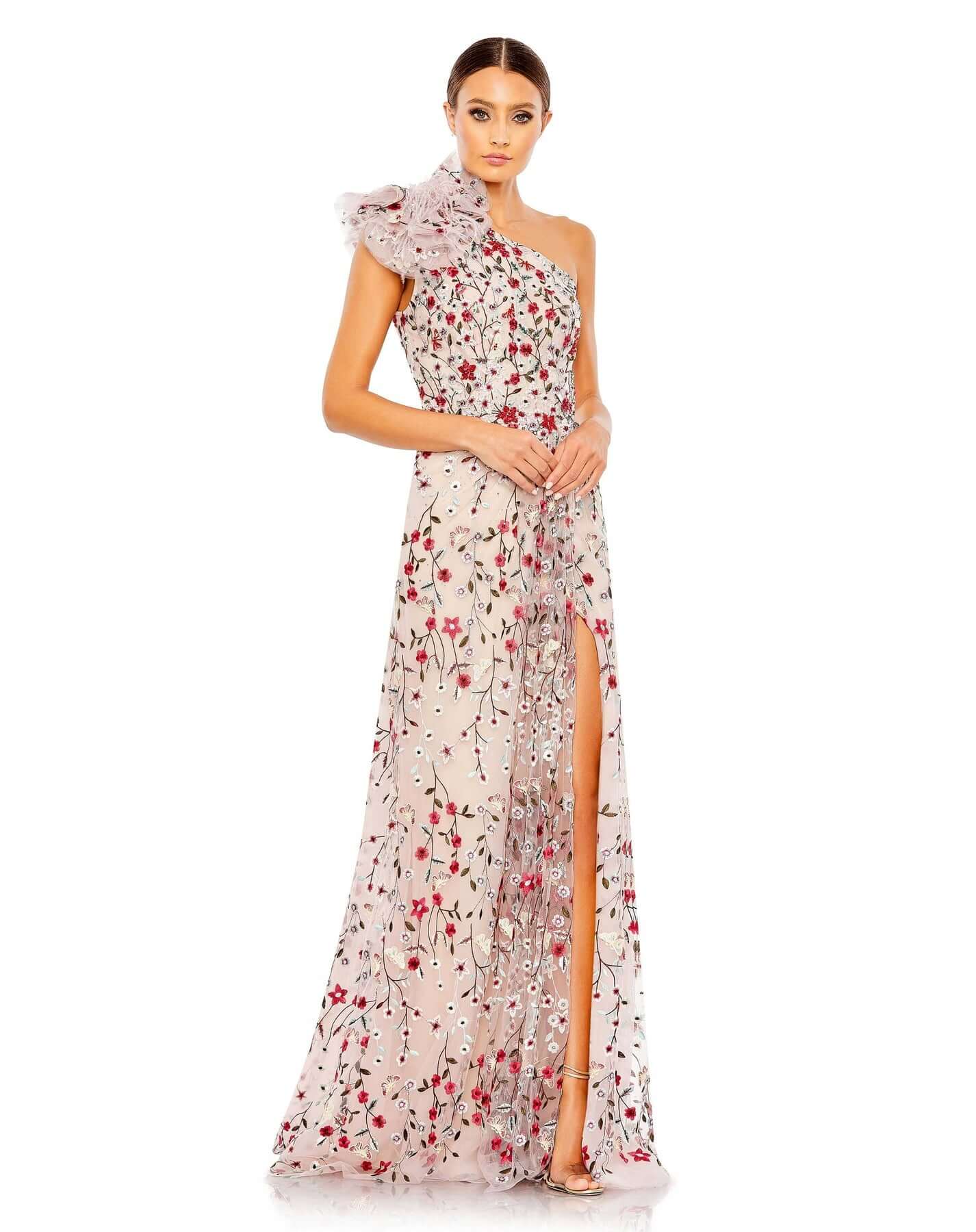 Mac Duggal Style#20331, Embellished Ruffled One Shoulder A Line Gown, A line,Floor Length,Floral,One Shoulder, $1150.00