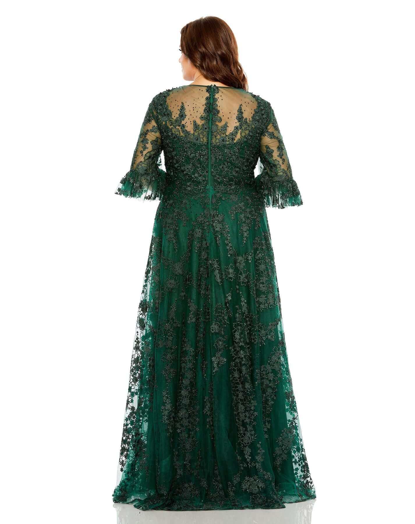 Mac Duggal Style#20471, High Neck Flutter Sleeve Embroidered A Line Gown, A line,Curvy Girl,Floor Length,Lace,Newest Arrivals,Three Quarter Sleeve, $1100.00