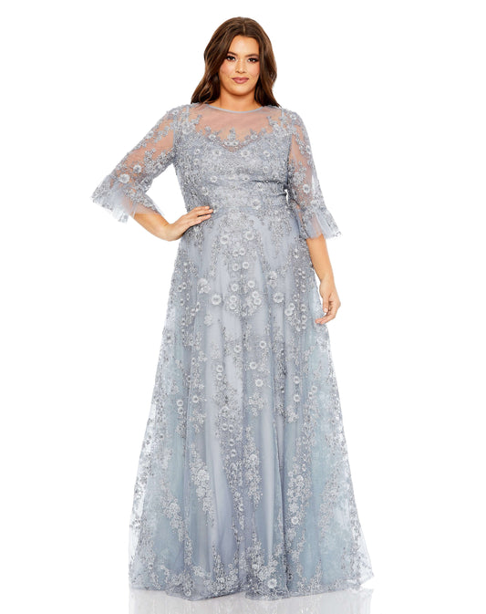 Mac Duggal Style#20471, High Neck Flutter Sleeve Embroidered A Line Gown, A line,Curvy Girl,Floor Length,Lace,Newest Arrivals,Three Quarter Sleeve, $1100.00