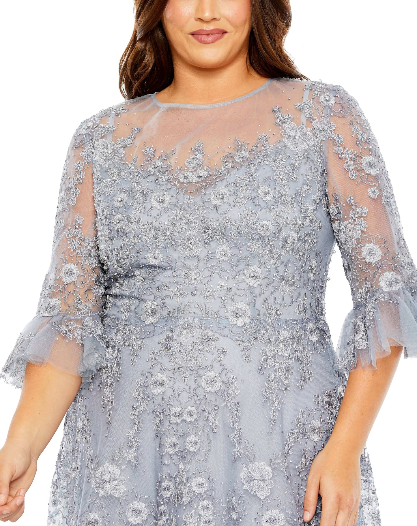 Mac Duggal Style#20471, High Neck Flutter Sleeve Embroidered A Line Gown, A line,Curvy Girl,Floor Length,Lace,Newest Arrivals,Three Quarter Sleeve, $1100.00