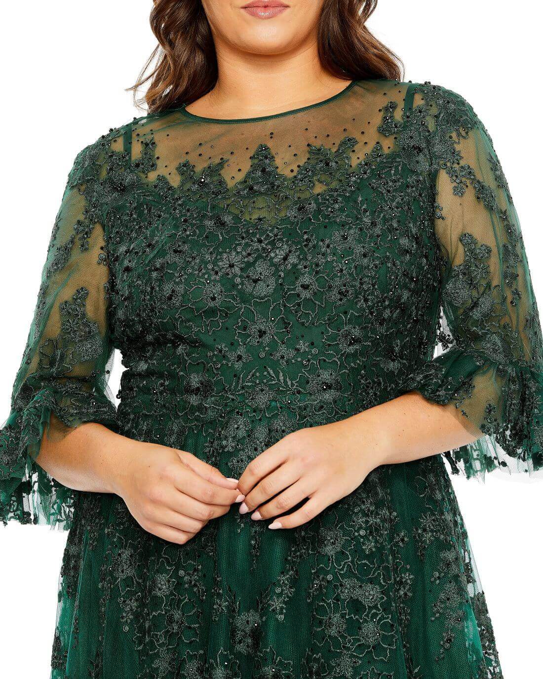 Mac Duggal Style#20471, High Neck Flutter Sleeve Embroidered A Line Gown, A line,Curvy Girl,Floor Length,Lace,Newest Arrivals,Three Quarter Sleeve, $1100.00