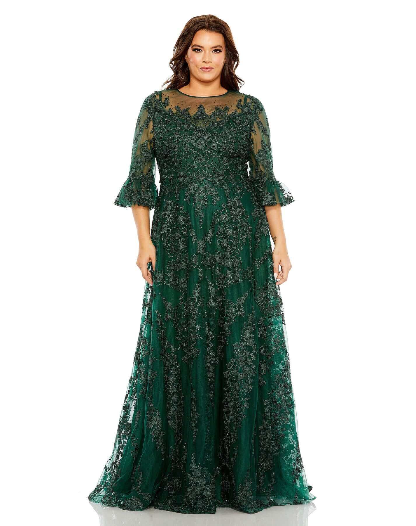 Mac Duggal Style#20471, High Neck Flutter Sleeve Embroidered A Line Gown, A line,Curvy Girl,Floor Length,Lace,Newest Arrivals,Three Quarter Sleeve, $1100.00