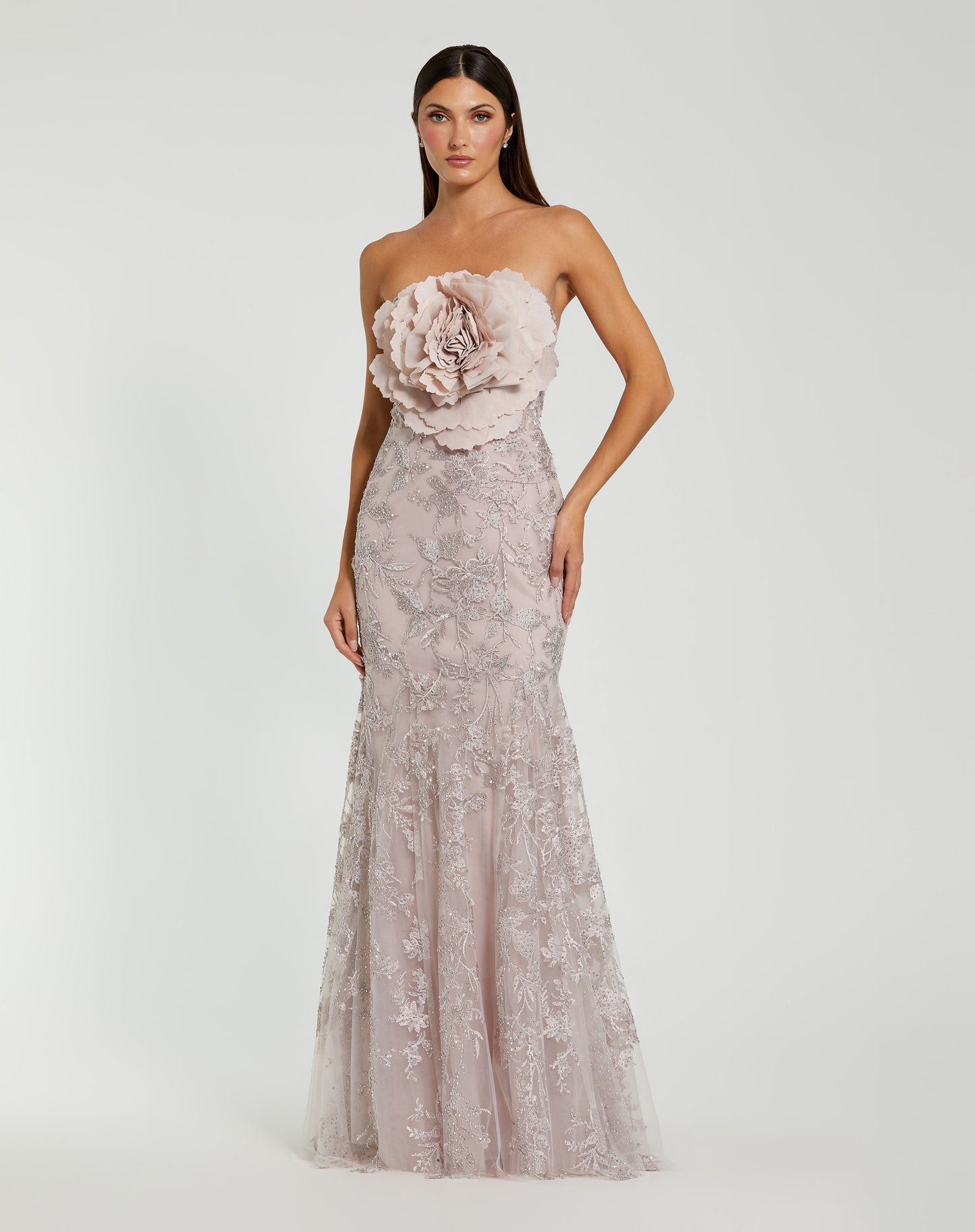 Strapless Beaded Applique Mermaid Gown With Flower