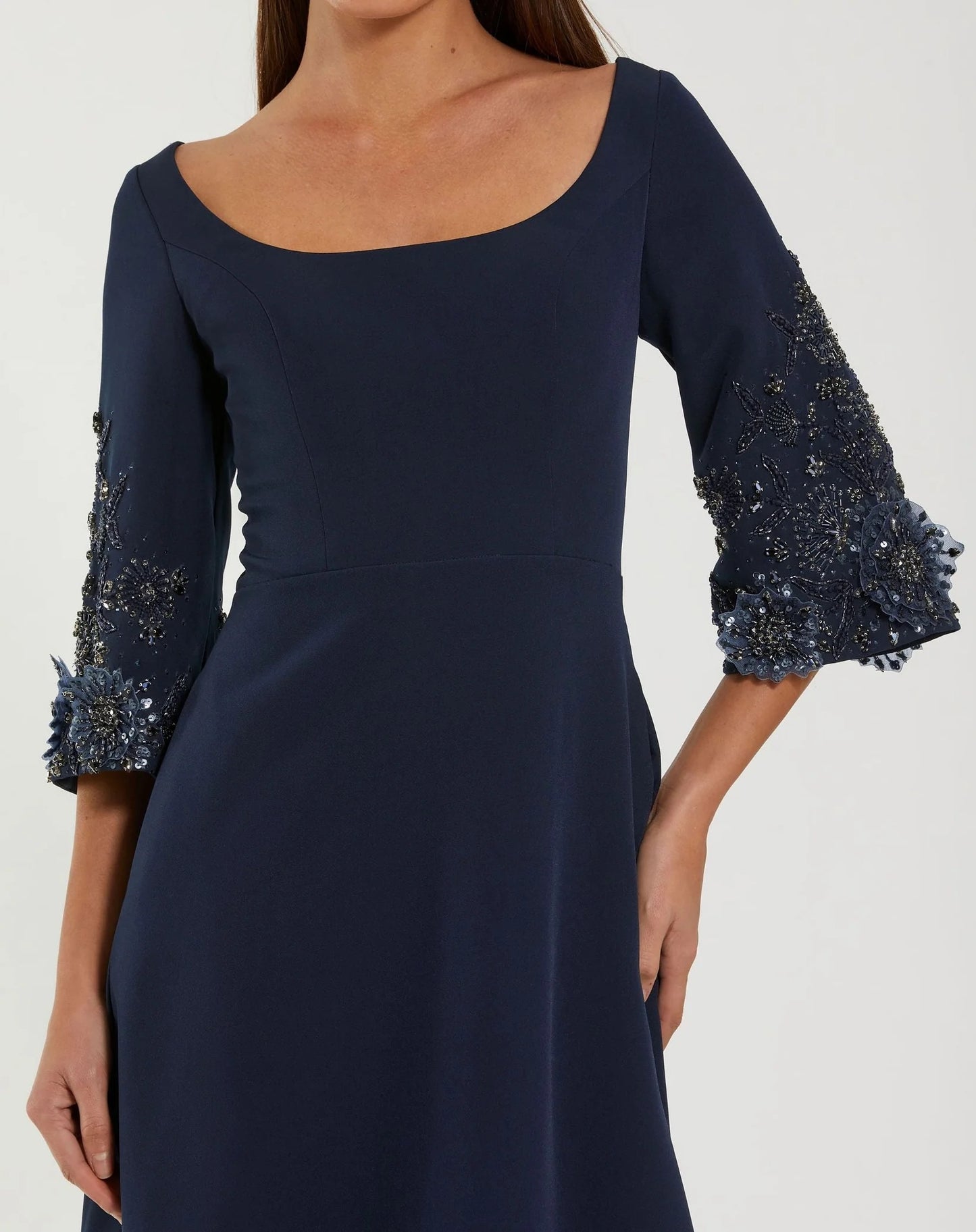 Crepe Gown With Floral Embellished Sleeves