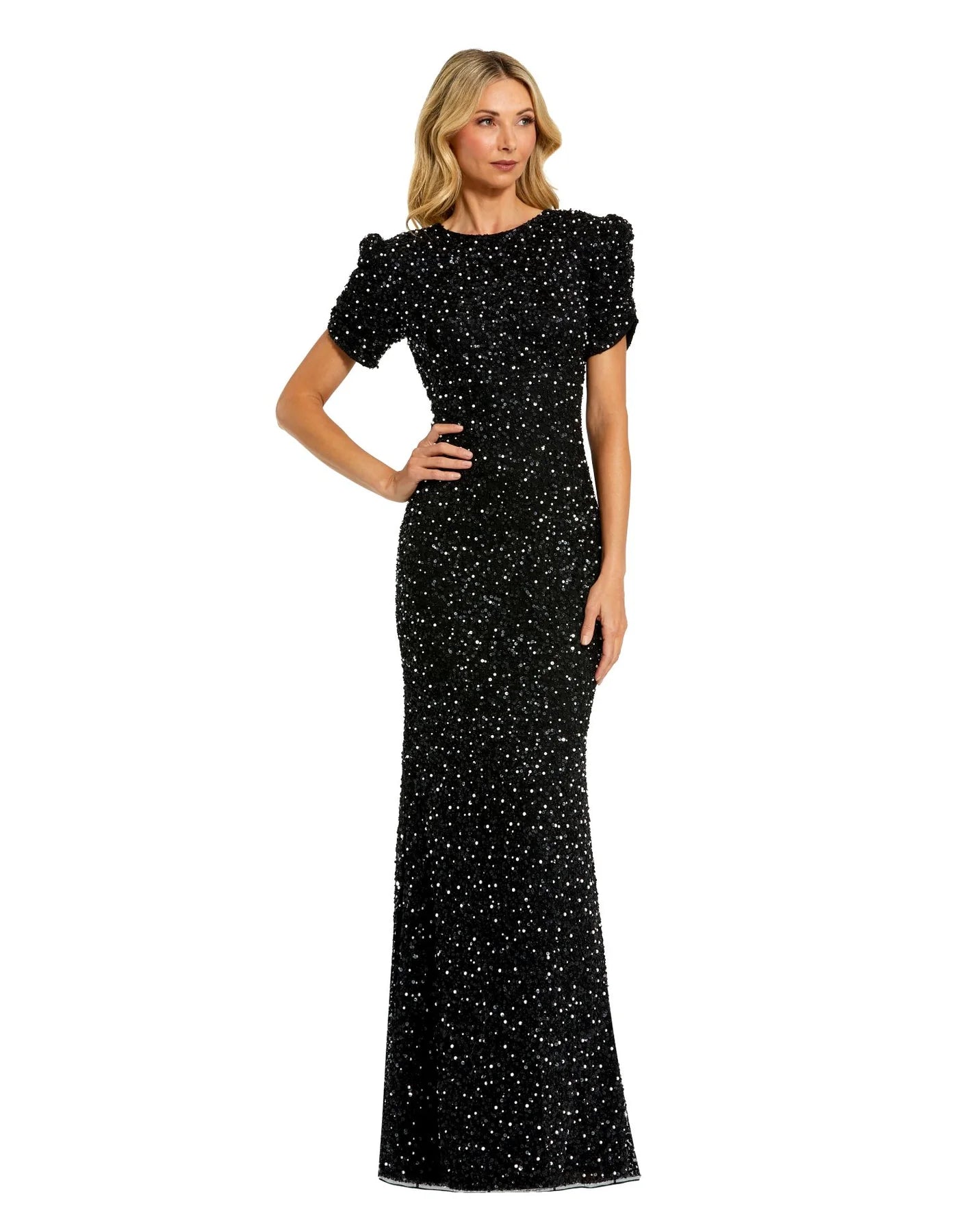 Gathered Short Sleeve Beaded Gown