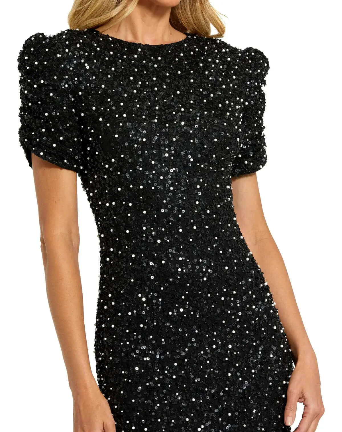 Gathered Short Sleeve Beaded Gown