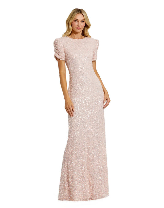Gathered Short Sleeve Beaded Gown