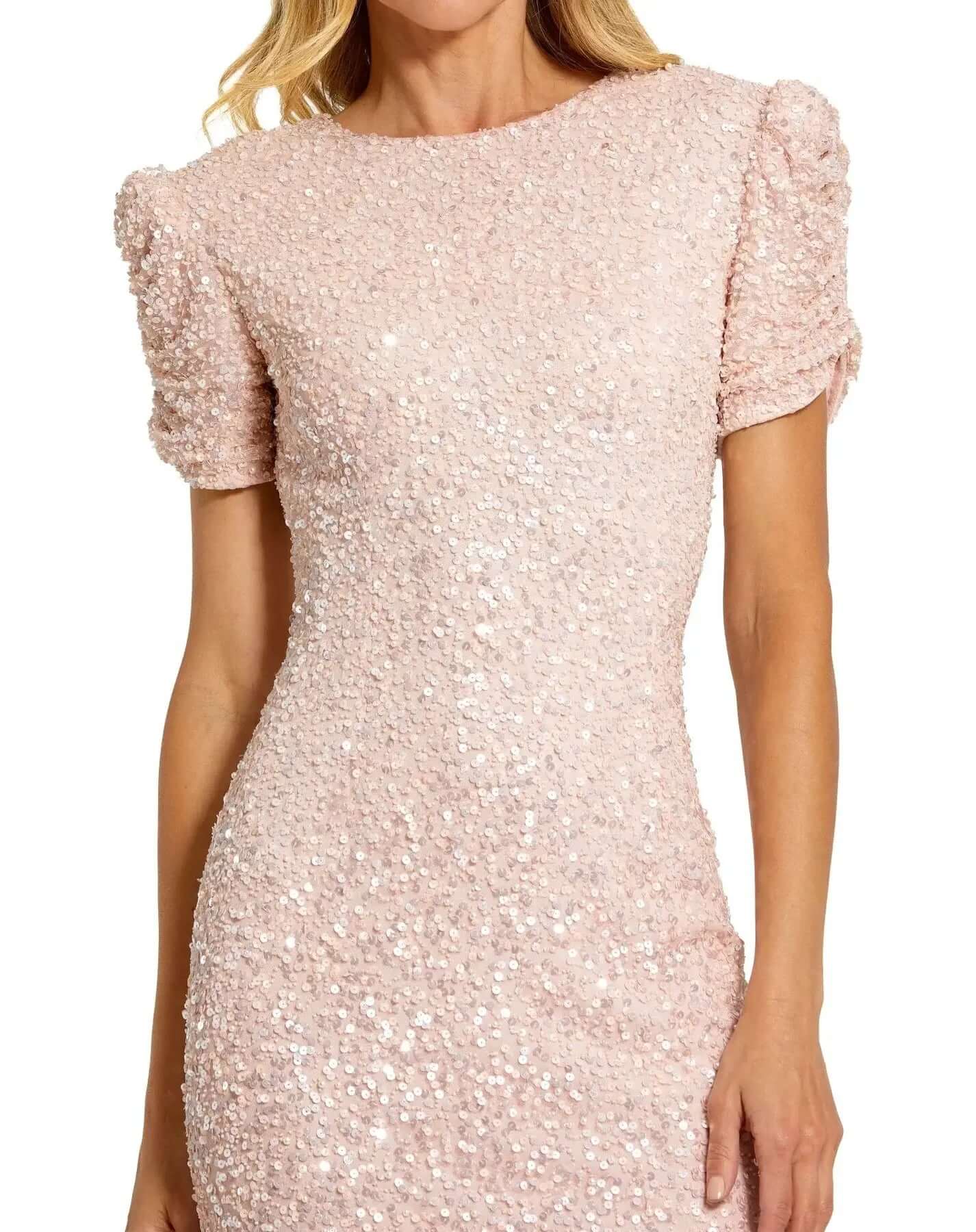 Gathered Short Sleeve Beaded Gown