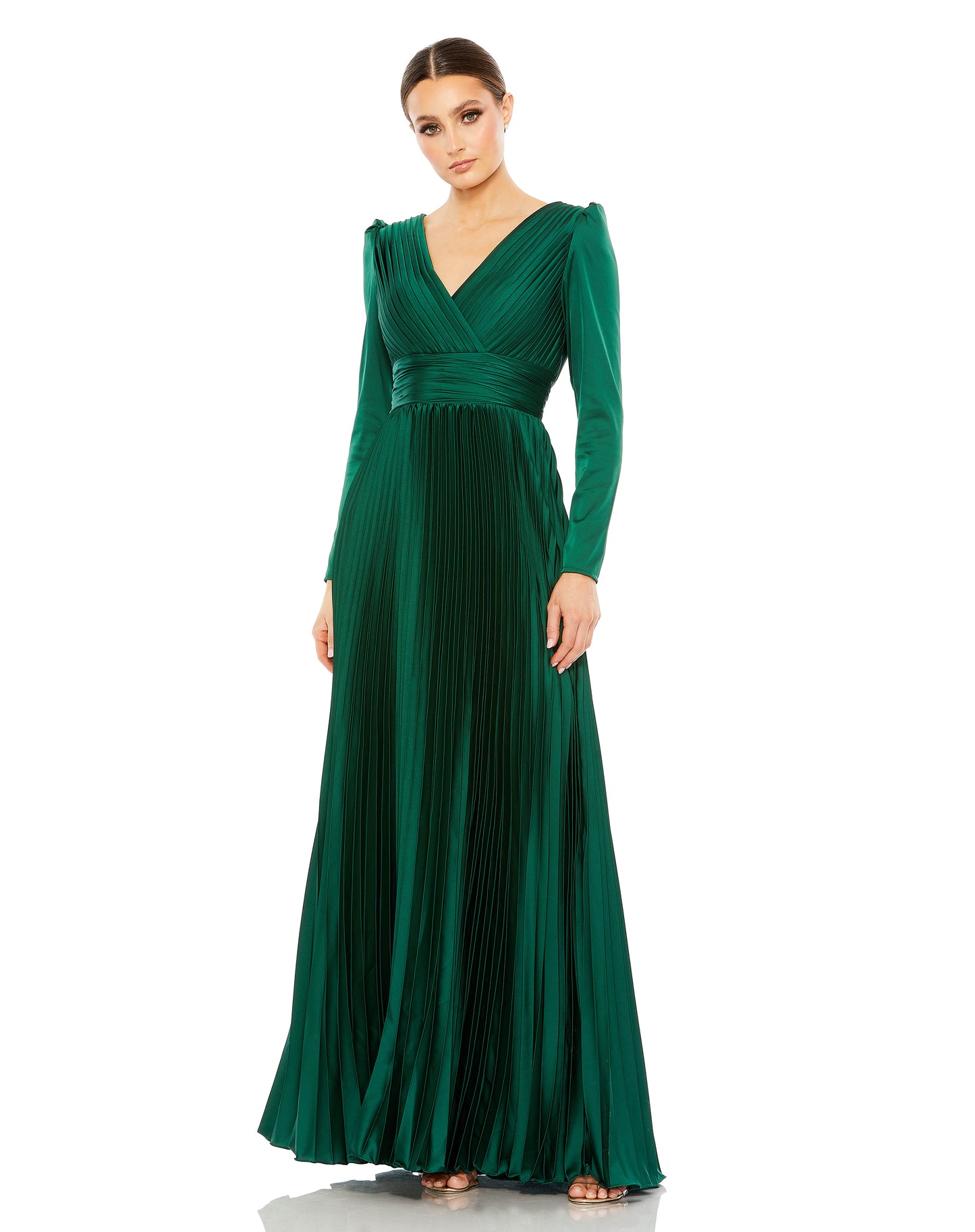 Chic faux-wrap satin gown with puffed shoulders, a v-neckline with a pleated bodice and a full-length pleated skirt. Ieena for Mac Duggal Fully Lined Back Zipper 100% Polyester Floor Length Long Sleeve Style #26542