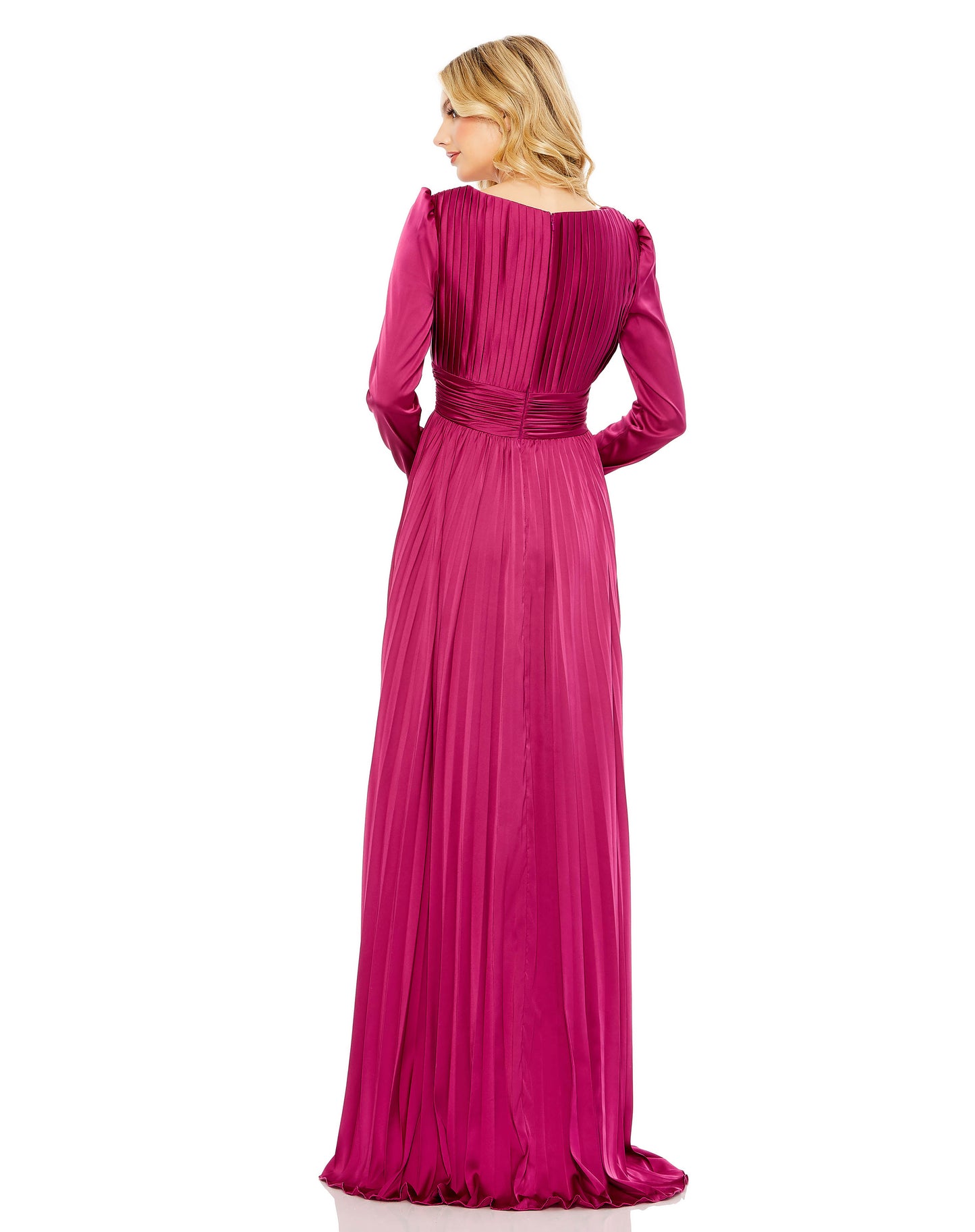 Chic faux-wrap satin gown with puffed shoulders, a v-neckline with a pleated bodice and a full-length pleated skirt. Ieena for Mac Duggal Fully Lined Back Zipper 100% Polyester Floor Length Long Sleeve Style #26542