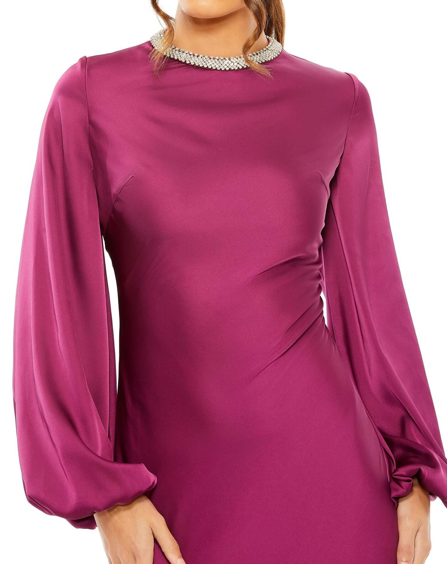 BEADED HIGH NECK BISHOP SLEEVE SATIN GOWN