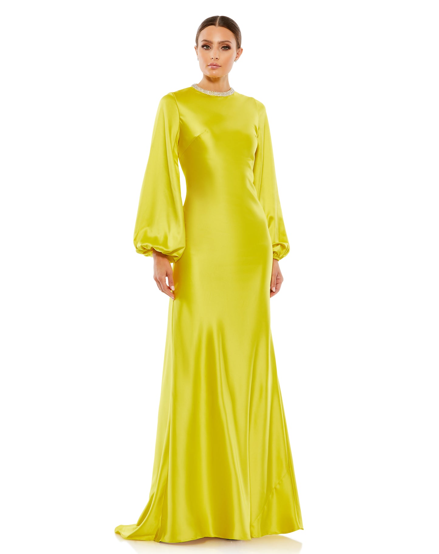 BEADED HIGH NECK BISHOP SLEEVE SATIN GOWN