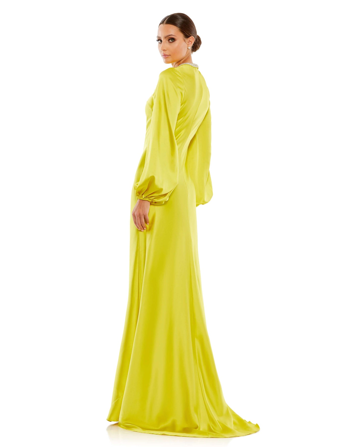BEADED HIGH NECK BISHOP SLEEVE SATIN GOWN