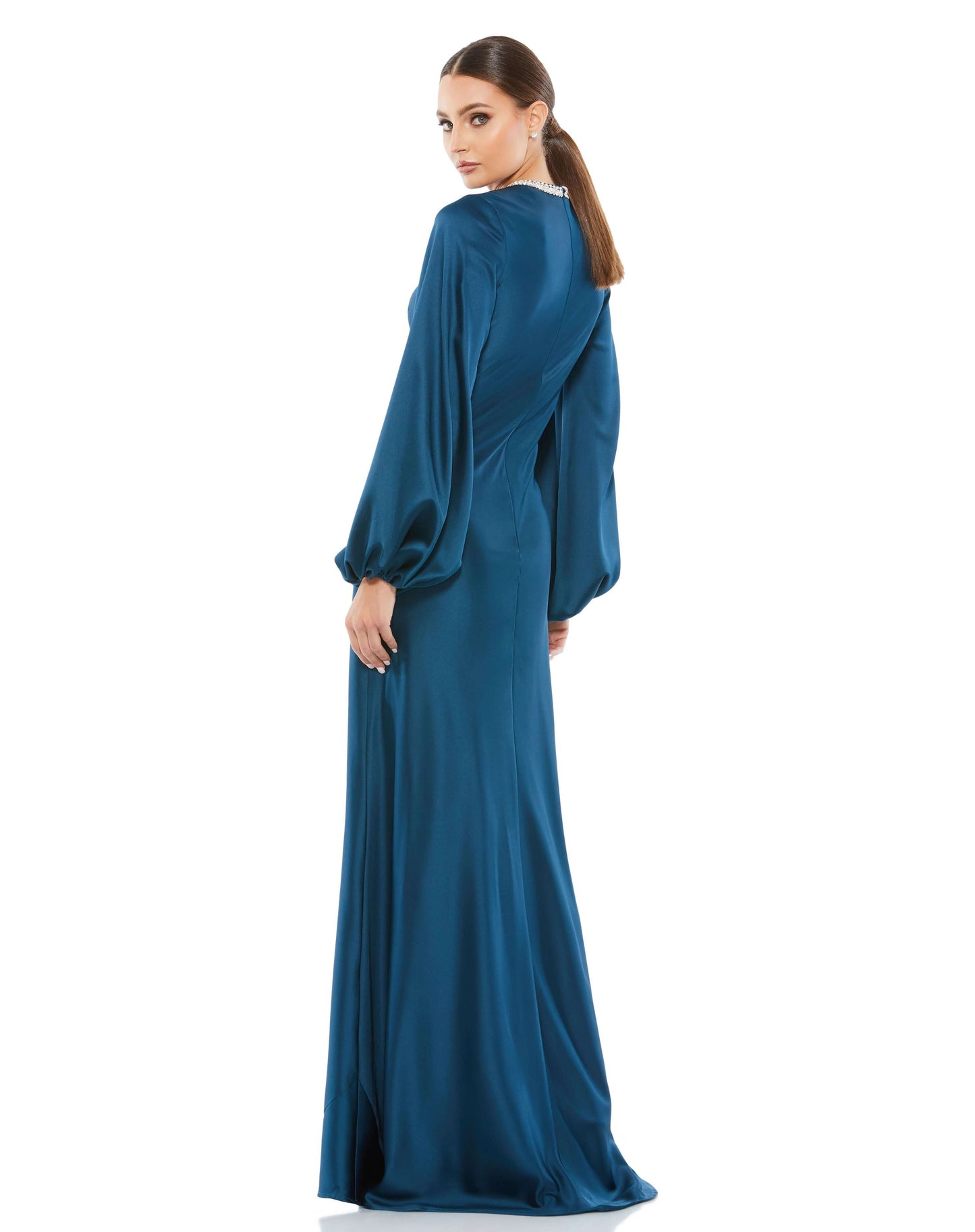 BEADED HIGH NECK BISHOP SLEEVE SATIN GOWN