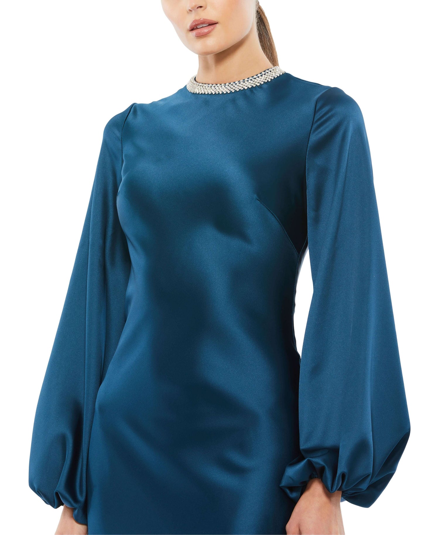 BEADED HIGH NECK BISHOP SLEEVE SATIN GOWN
