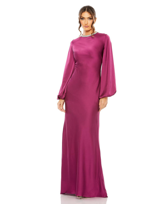 BEADED HIGH NECK BISHOP SLEEVE SATIN GOWN