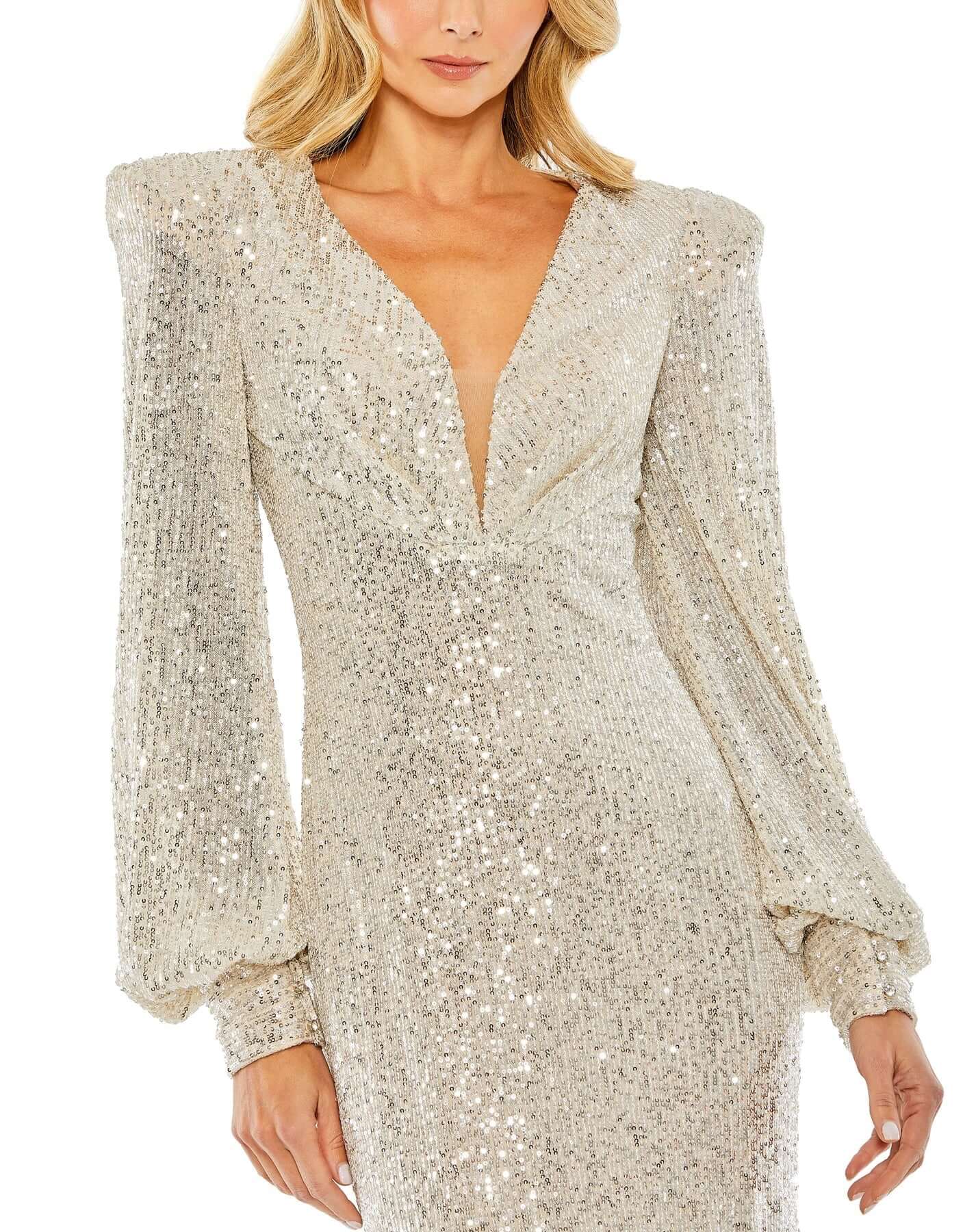 Mac Duggal Style#26722, Sequined Plunge Neck Structured Bishop Sleeve Gown, beaded,Fit and Flare,Floor Length,long sleeve,Newest Arrivals,Sequin,V-Neck, $675.00