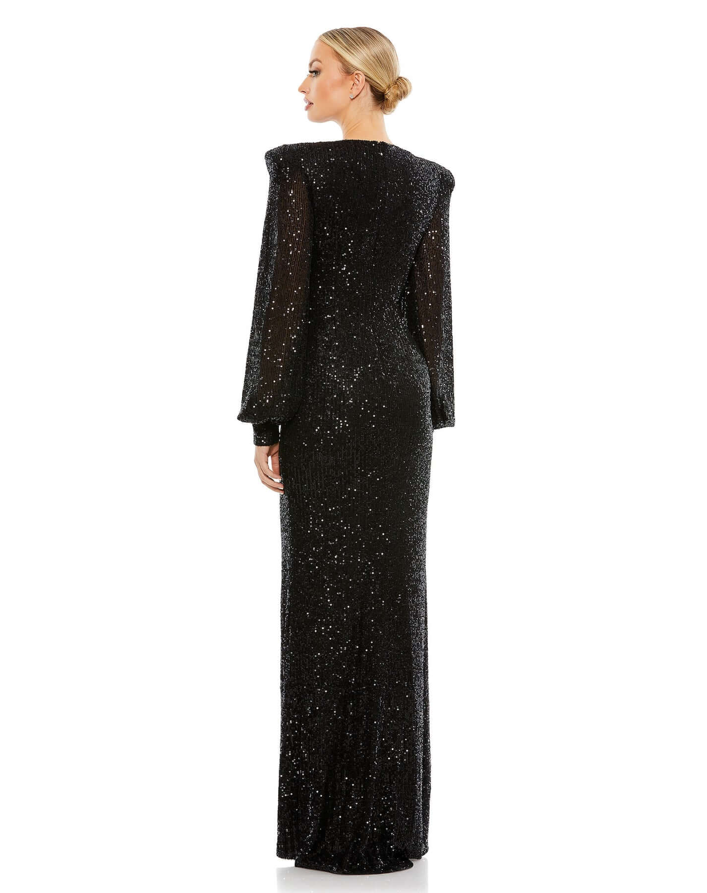 Mac Duggal Style#26722, Sequined Plunge Neck Structured Bishop Sleeve Gown, beaded,Fit and Flare,Floor Length,long sleeve,Newest Arrivals,Sequin,V-Neck, $675.00