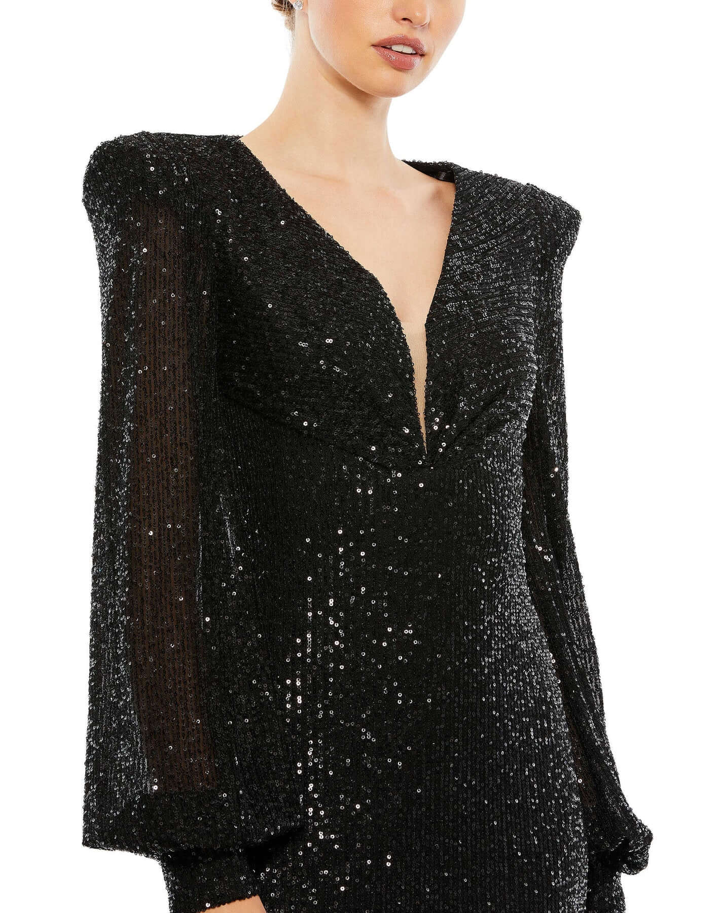 Mac Duggal Style#26722, Sequined Plunge Neck Structured Bishop Sleeve Gown, beaded,Fit and Flare,Floor Length,long sleeve,Newest Arrivals,Sequin,V-Neck, $675.00