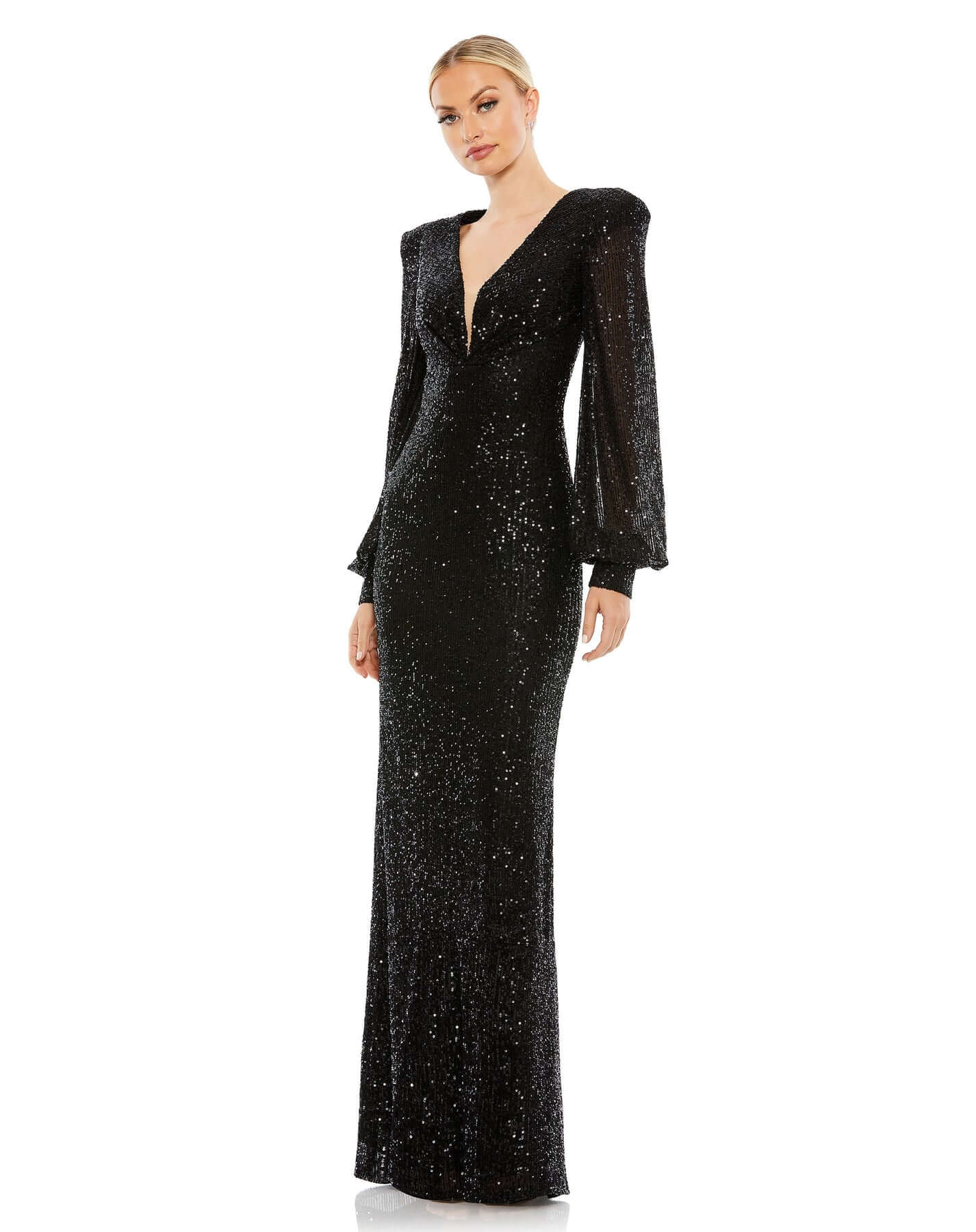 Mac Duggal Style#26722, Sequined Plunge Neck Structured Bishop Sleeve Gown, beaded,Fit and Flare,Floor Length,long sleeve,Newest Arrivals,Sequin,V-Neck, $675.00