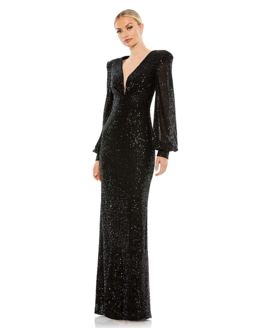 Mac Duggal Style#26722, Sequined Plunge Neck Structured Bishop Sleeve Gown, beaded,Fit and Flare,Floor Length,long sleeve,Newest Arrivals,Sequin,V-Neck, $675.00