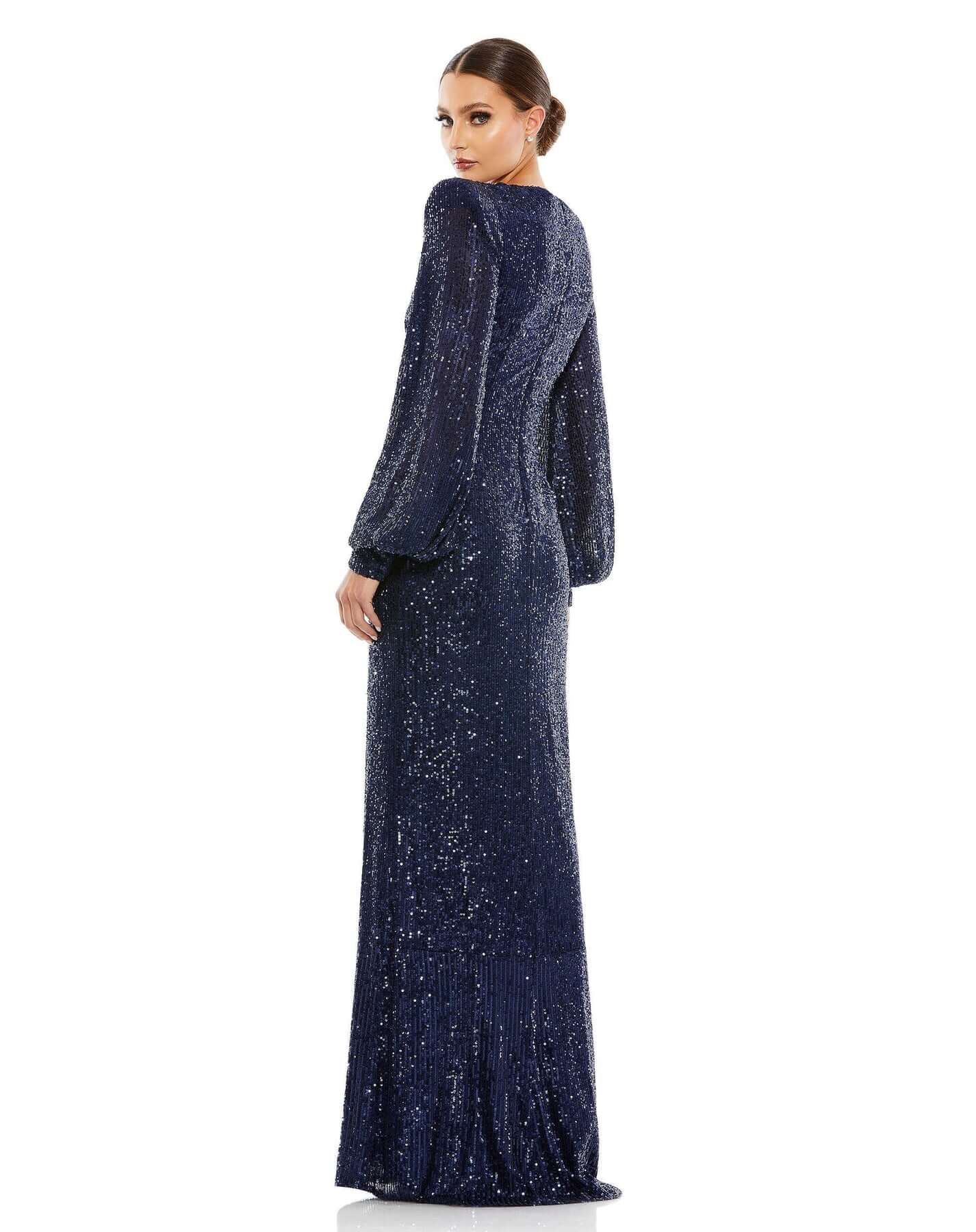 Mac Duggal Style#26722, Sequined Plunge Neck Structured Bishop Sleeve Gown, beaded,Fit and Flare,Floor Length,long sleeve,Newest Arrivals,Sequin,V-Neck, $675.00