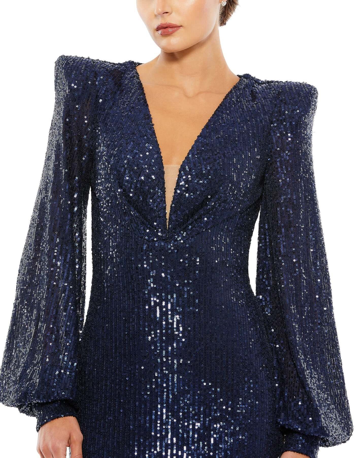 Mac Duggal Style#26722, Sequined Plunge Neck Structured Bishop Sleeve Gown, beaded,Fit and Flare,Floor Length,long sleeve,Newest Arrivals,Sequin,V-Neck, $675.00