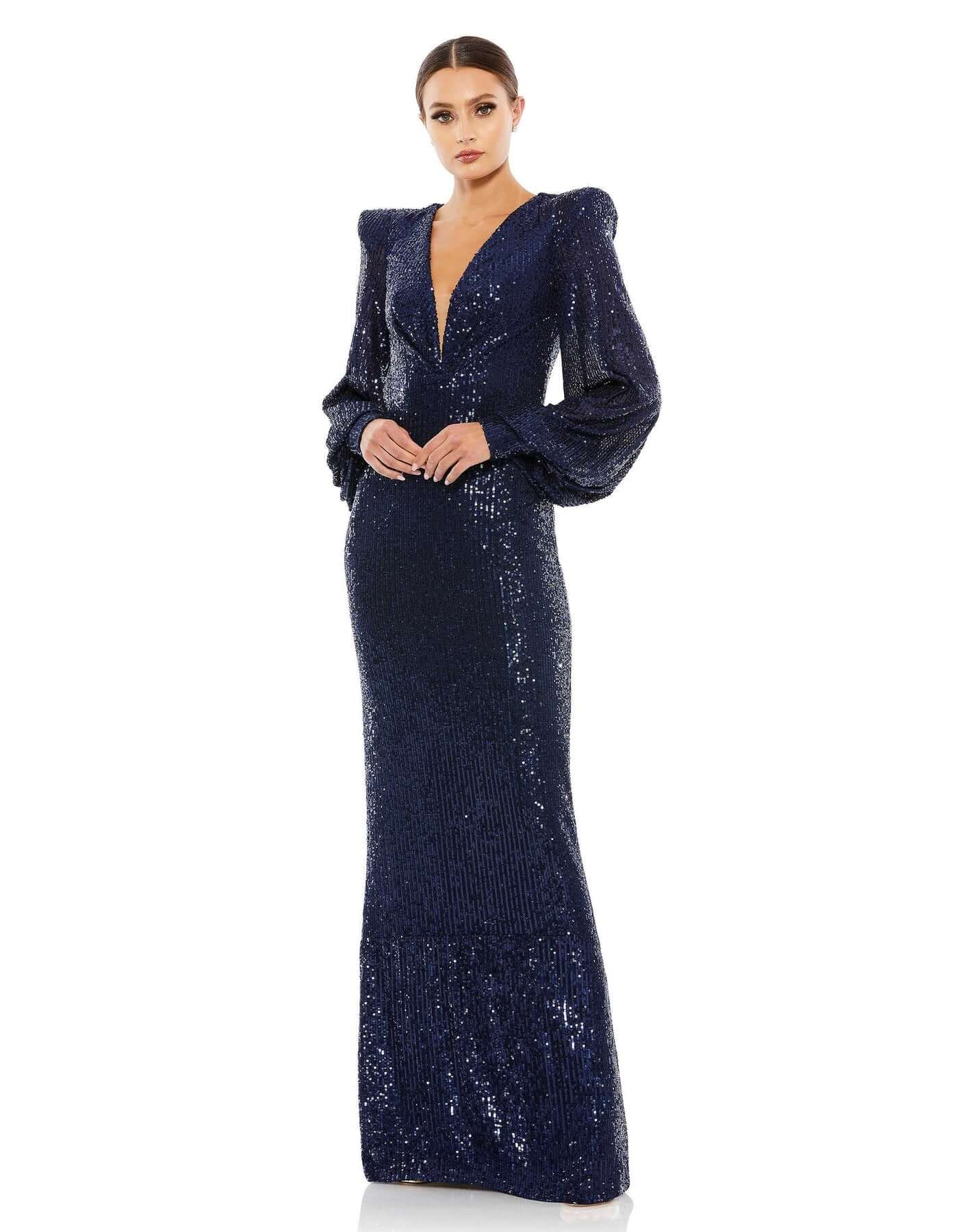 Mac Duggal Style#26722, Sequined Plunge Neck Structured Bishop Sleeve Gown, beaded,Fit and Flare,Floor Length,long sleeve,Newest Arrivals,Sequin,V-Neck, $675.00