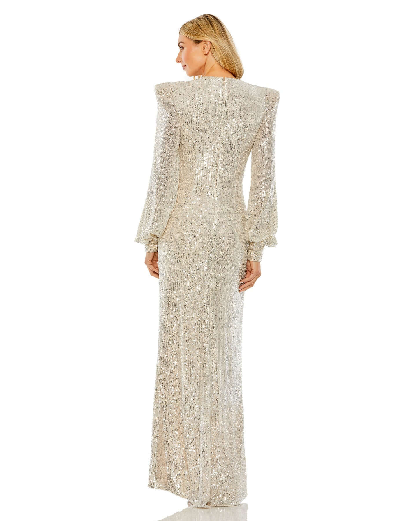 Mac Duggal Style#26722, Sequined Plunge Neck Structured Bishop Sleeve Gown, beaded,Fit and Flare,Floor Length,long sleeve,Newest Arrivals,Sequin,V-Neck, $675.00