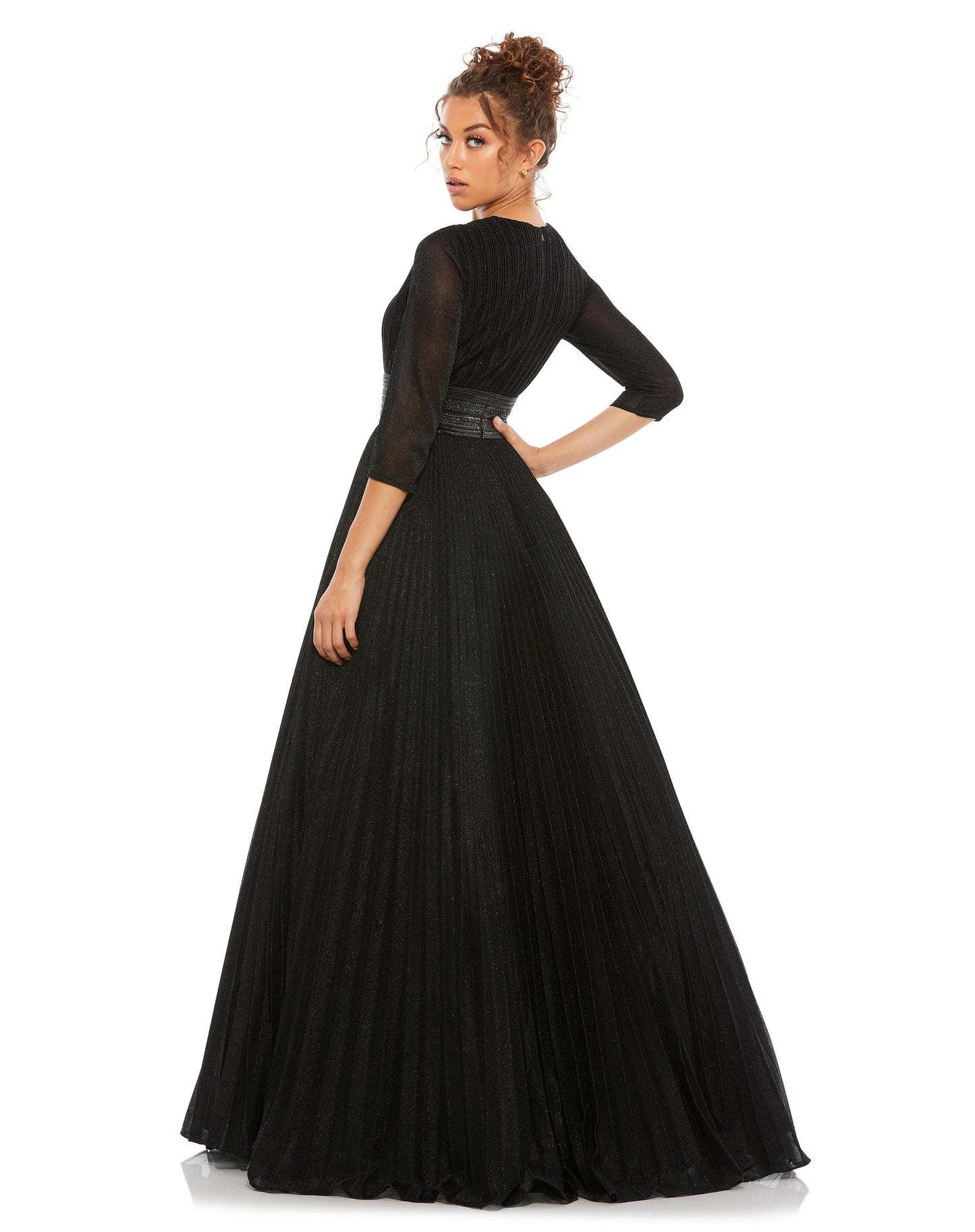 Shimmering Pleated A-Line 3/4 Sleeve Gown