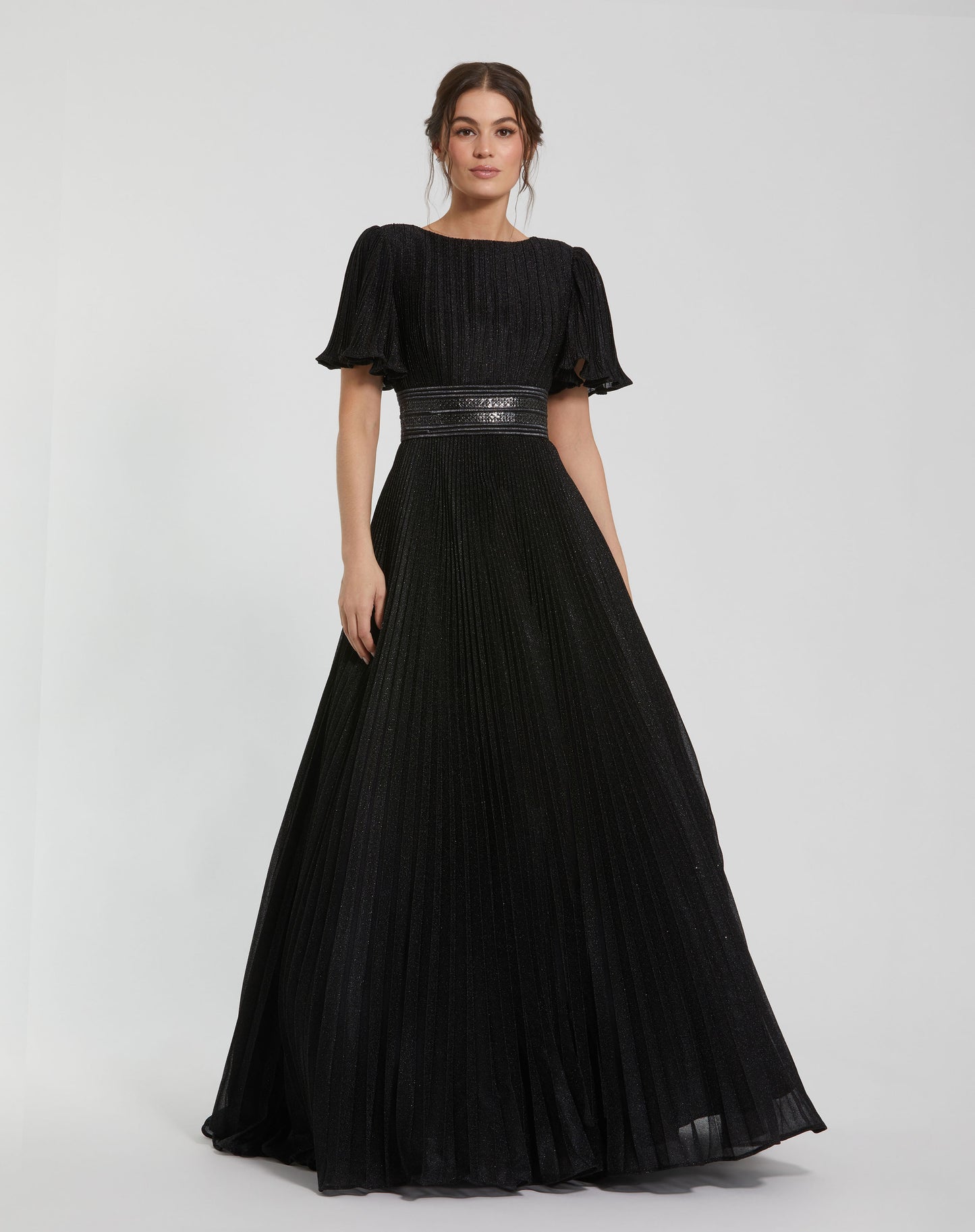 Pleated Shimmering Georgette Flutter Sleeve Gown