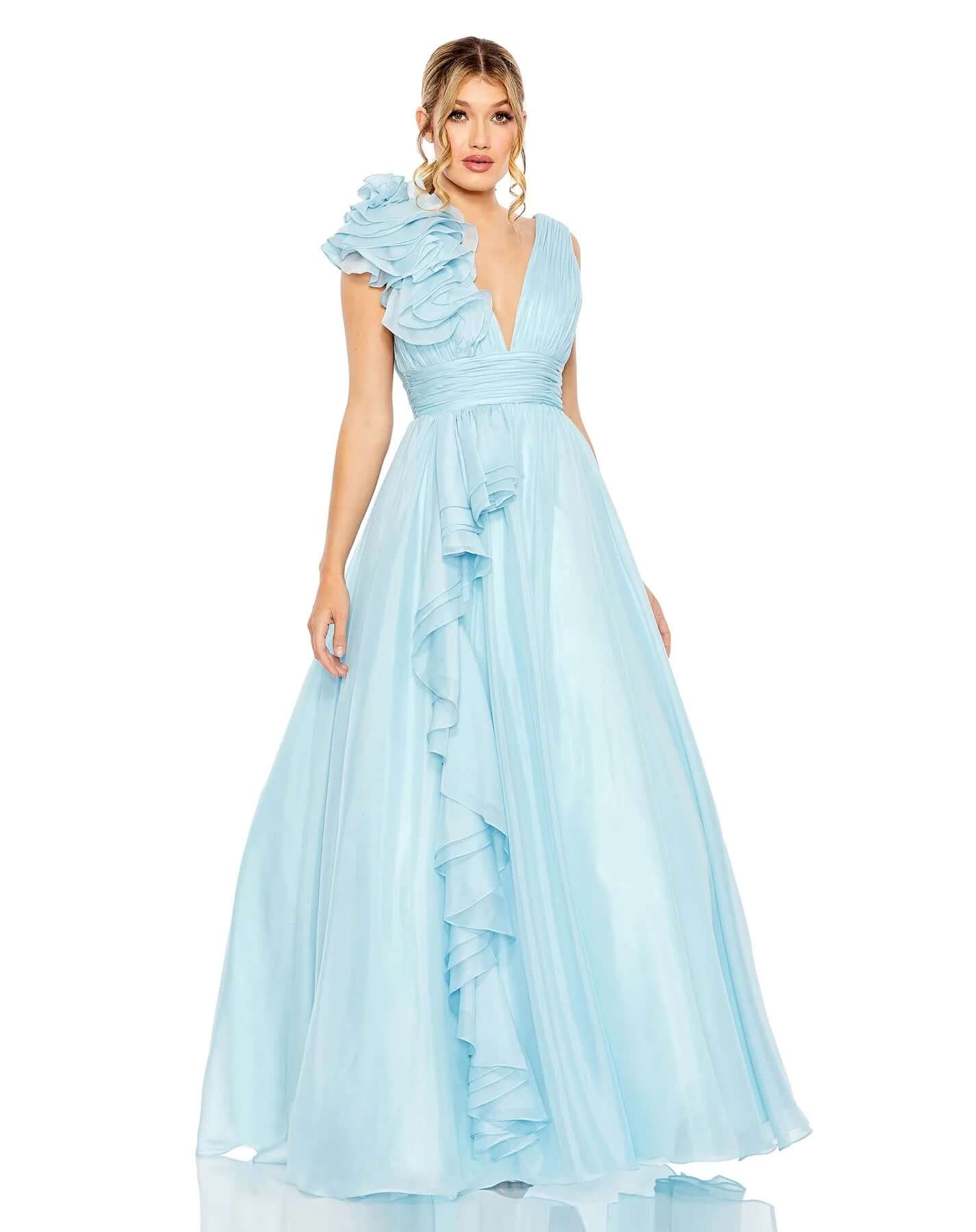 Mac Duggal Style#48856, Ruffle Detailed Evening Gown, A line,Ball Gown,Floor Length,Open Back,Ruffles,sleeveless,V-Neck, $650.00